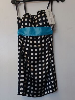 Vintage Black & White Checkered  Strapless Dress with Turquouse Waistband